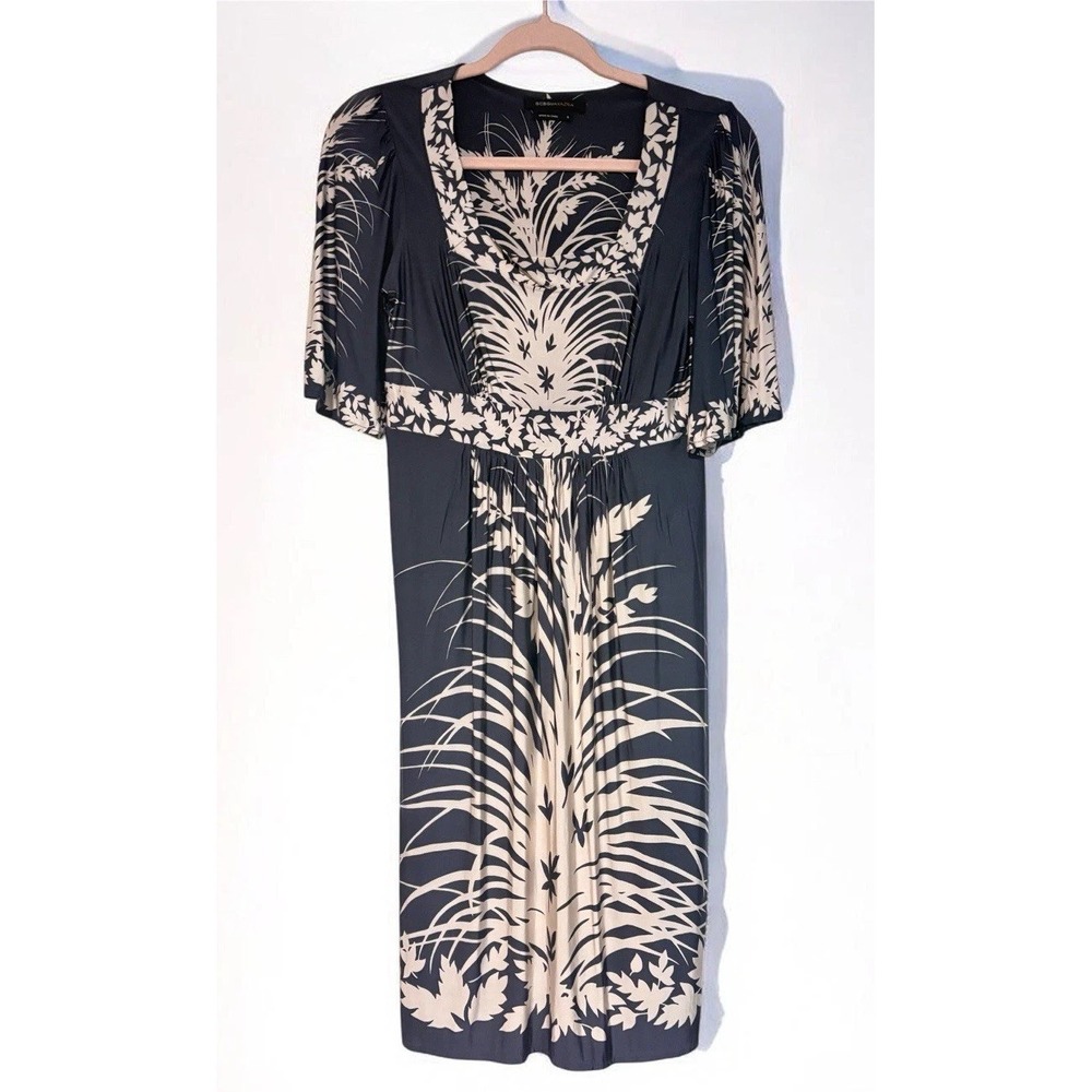 BCBG Max Azria Dark Grey & Cream Floral MIDI Dress Empire Waist Short Sleeve S